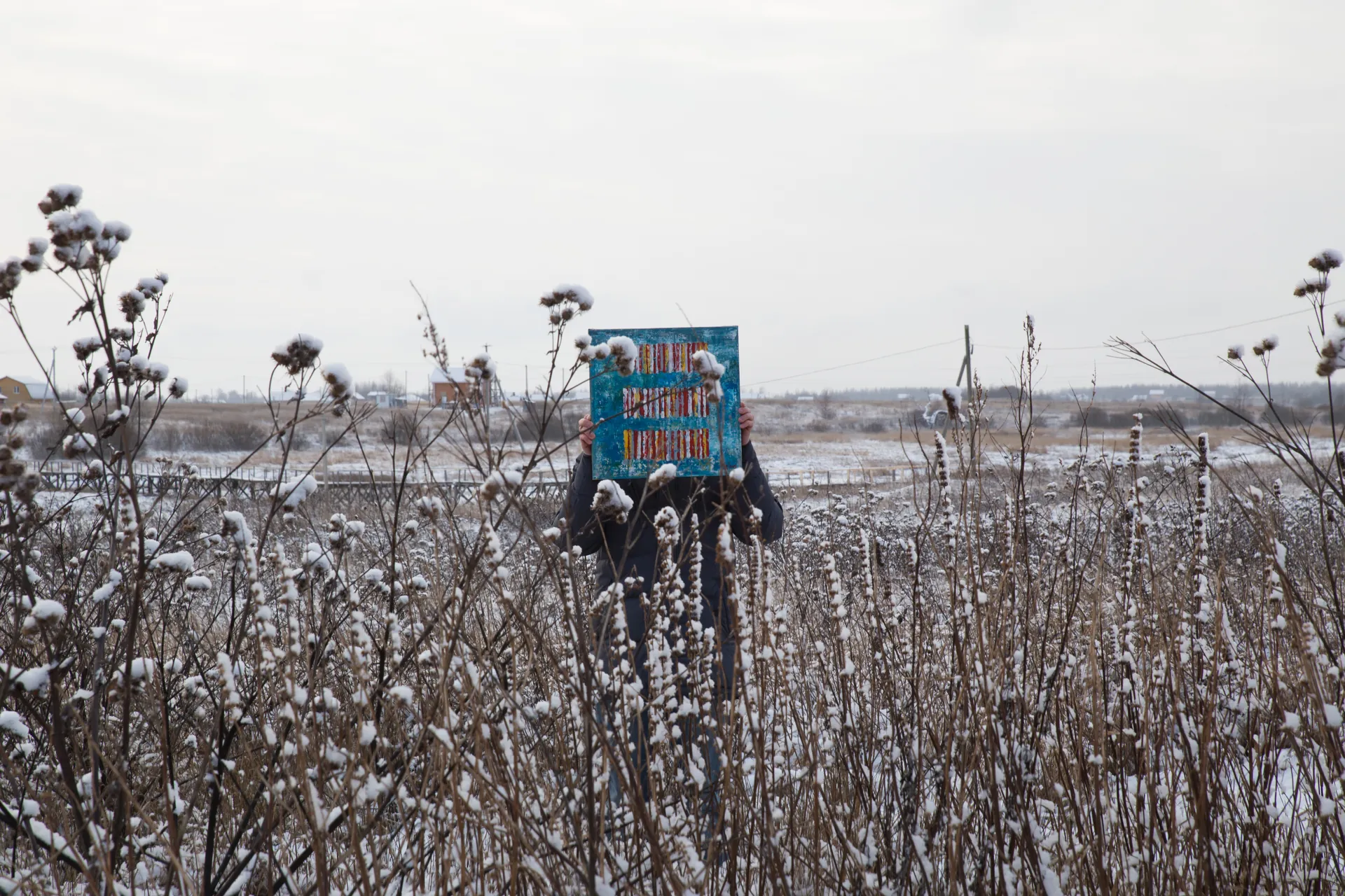 Artwork in a snowy field